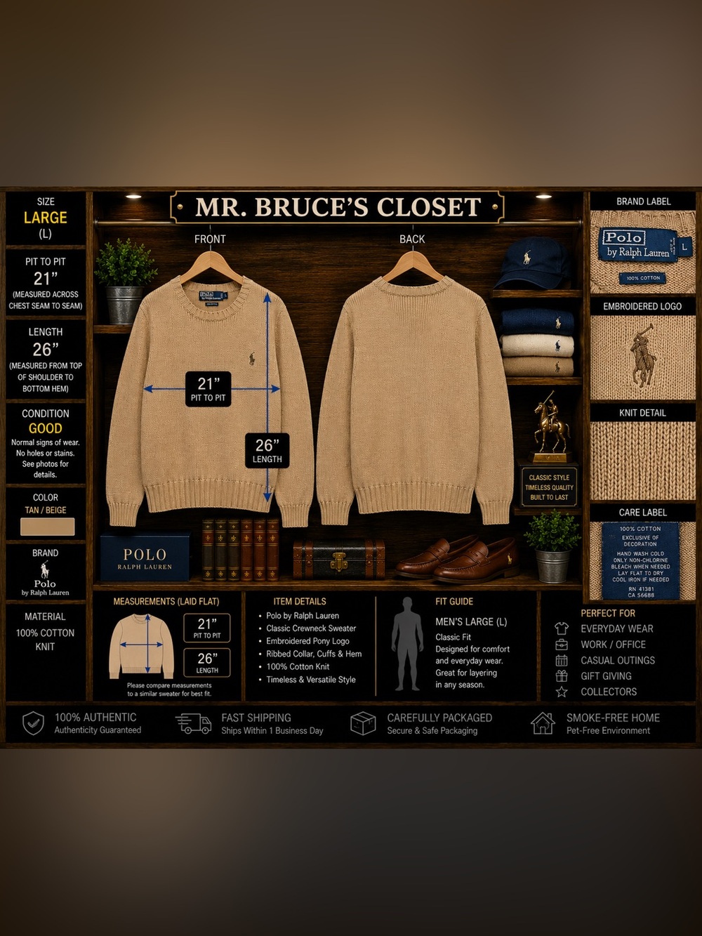 Ralph Lauren Tan Crewneck Sweater with Embroidered Pony